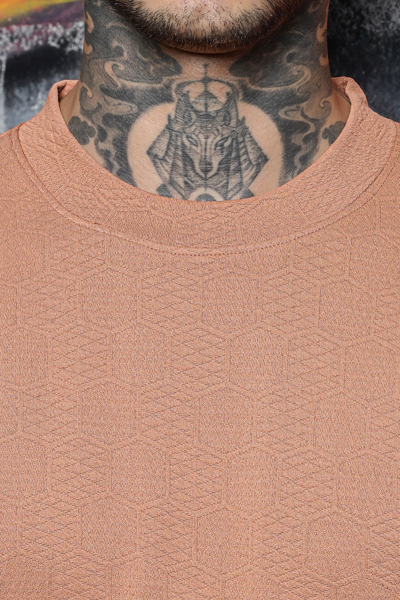 Unisex Brown Textured Round Neck Oversized T-shirt