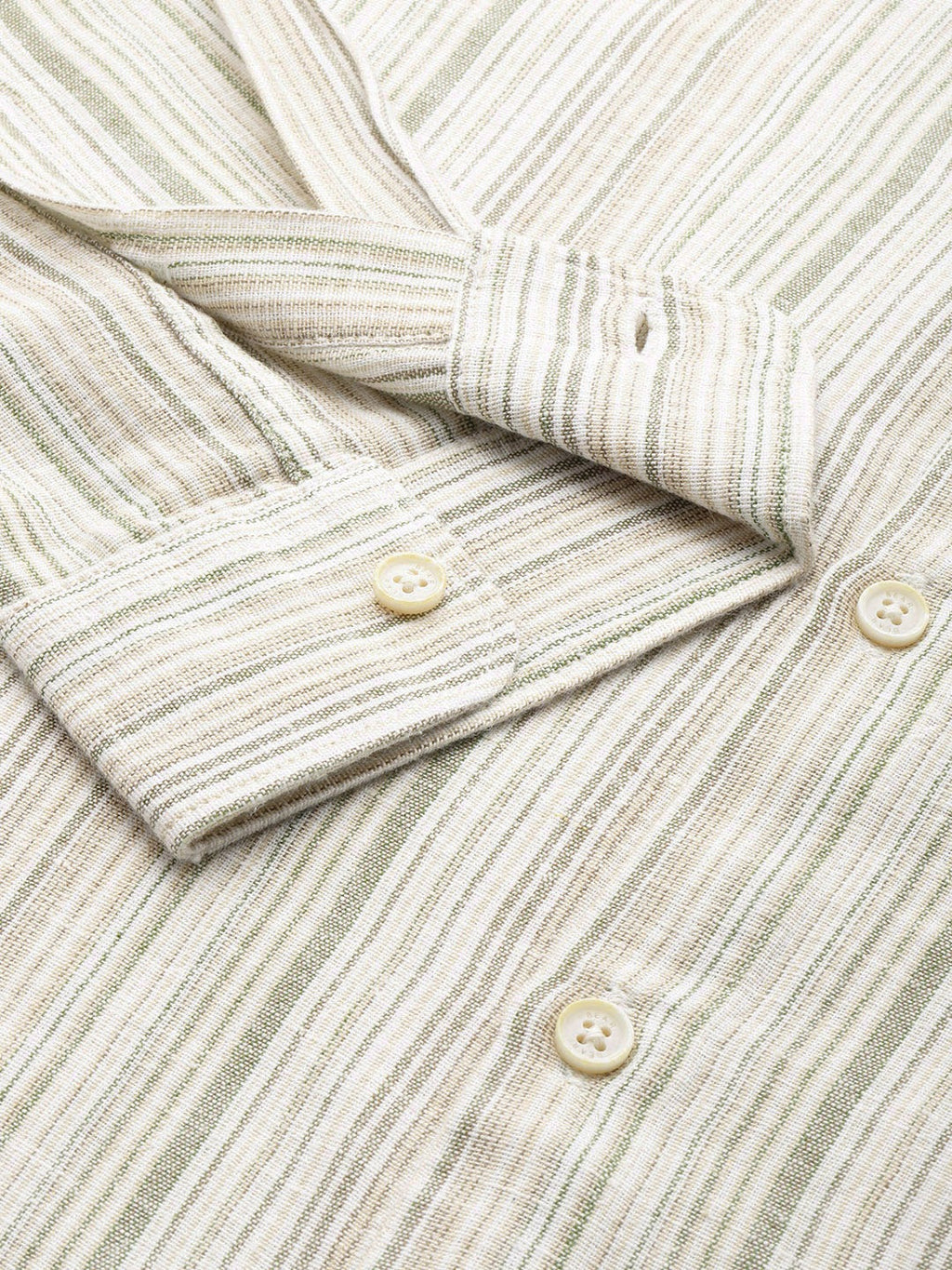 Ingo - Men Cream Striped Slim Fit Cotton Linen Casual Shirt
