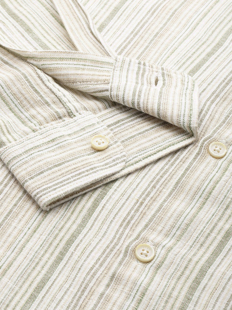 Ingo - Men Cream Striped Slim Fit Cotton Linen Casual Shirt
