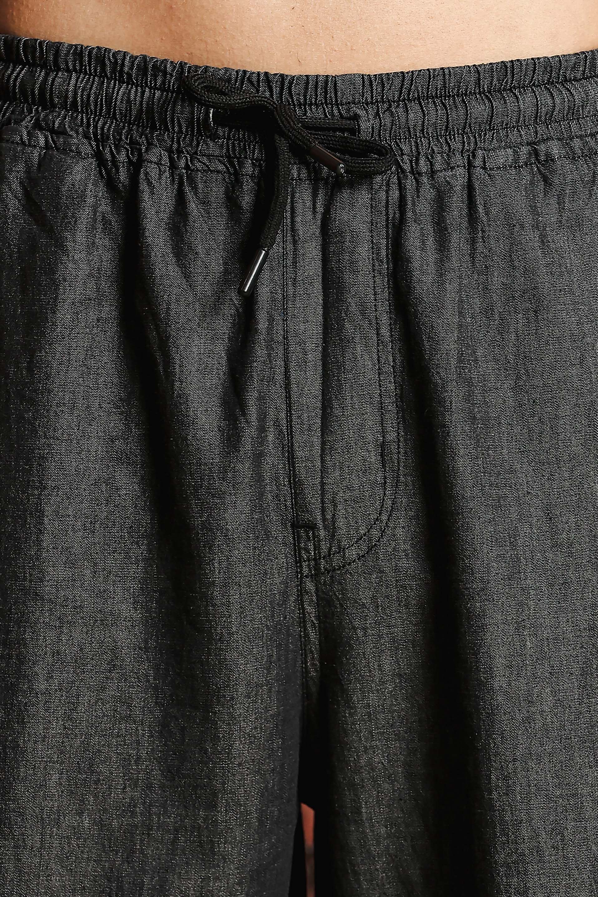 Charcoal Black Relaxed Fit Drawstring Denim Parachute Cargo