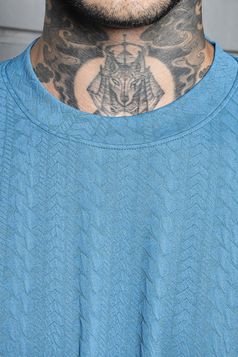 Unisex Blue Textured Round Neck Oversized T-shirt