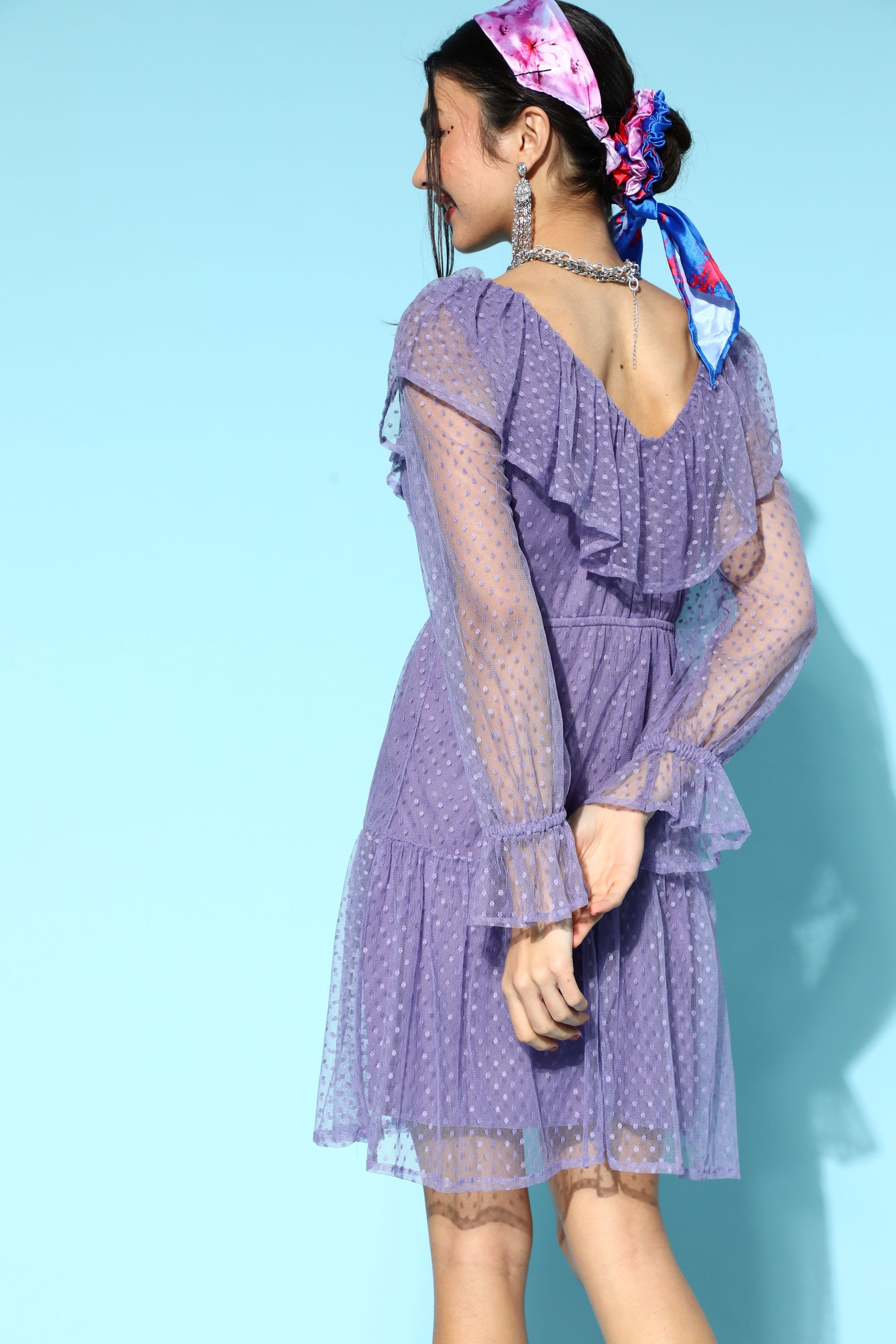 Athena Lavender Frill Tulle Dress With Full Sleeves