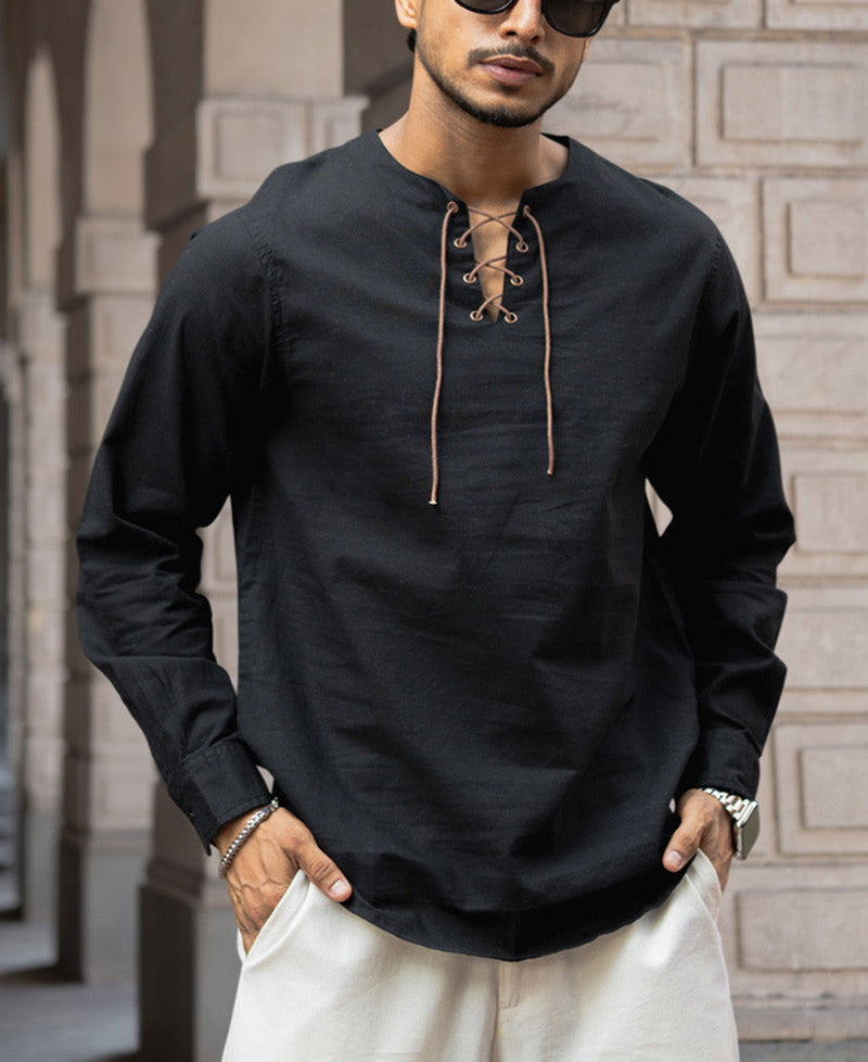 Black Regular Fit Kurta Style Full Sleeves Shirt