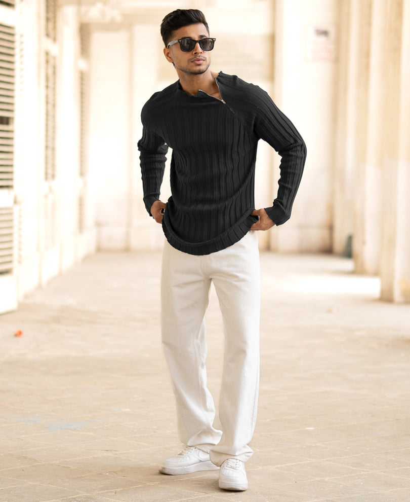 Black High Neck Ribbed T-Shirt