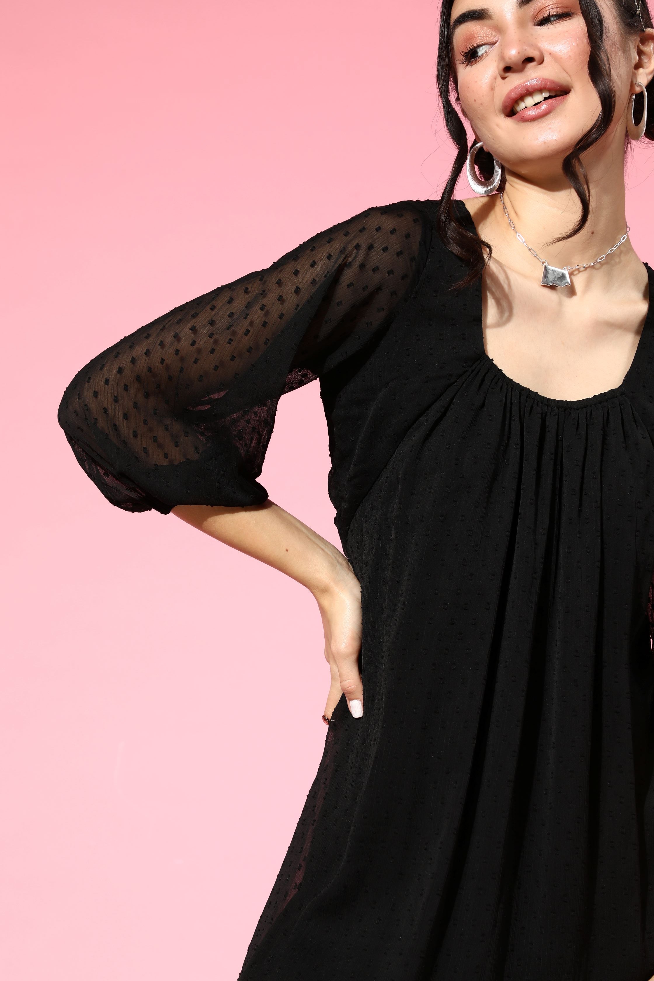 Athena Black Dobby Chiffon Trapeze Dress With Backless Detail