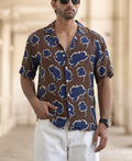 Brown Abstract Crinkled Regular Fit Half Sleeves Shirt