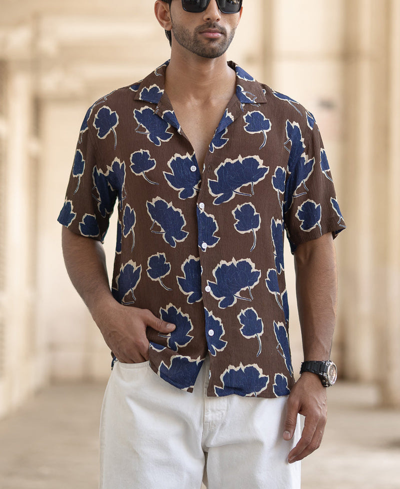 Brown Abstract Crinkled Regular Fit Half Sleeves Shirt