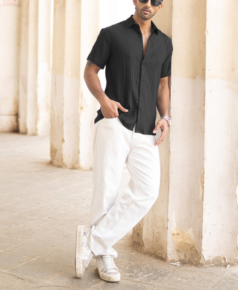Black Stripe Regular Fit Half Sleeves Shirt