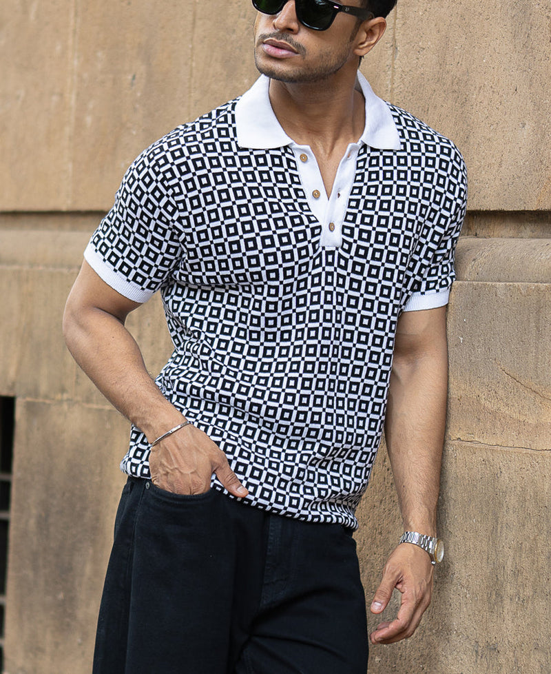 Black Jacquard Contrast Collar T-Shirt