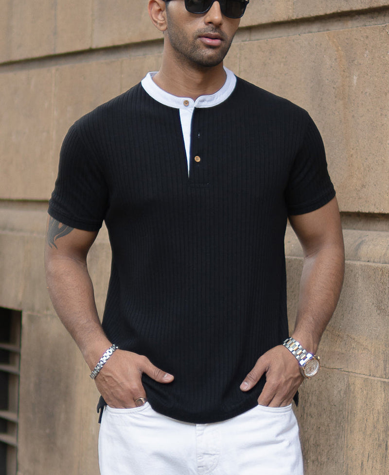 Black Contrast Collar Henley T-Shirt