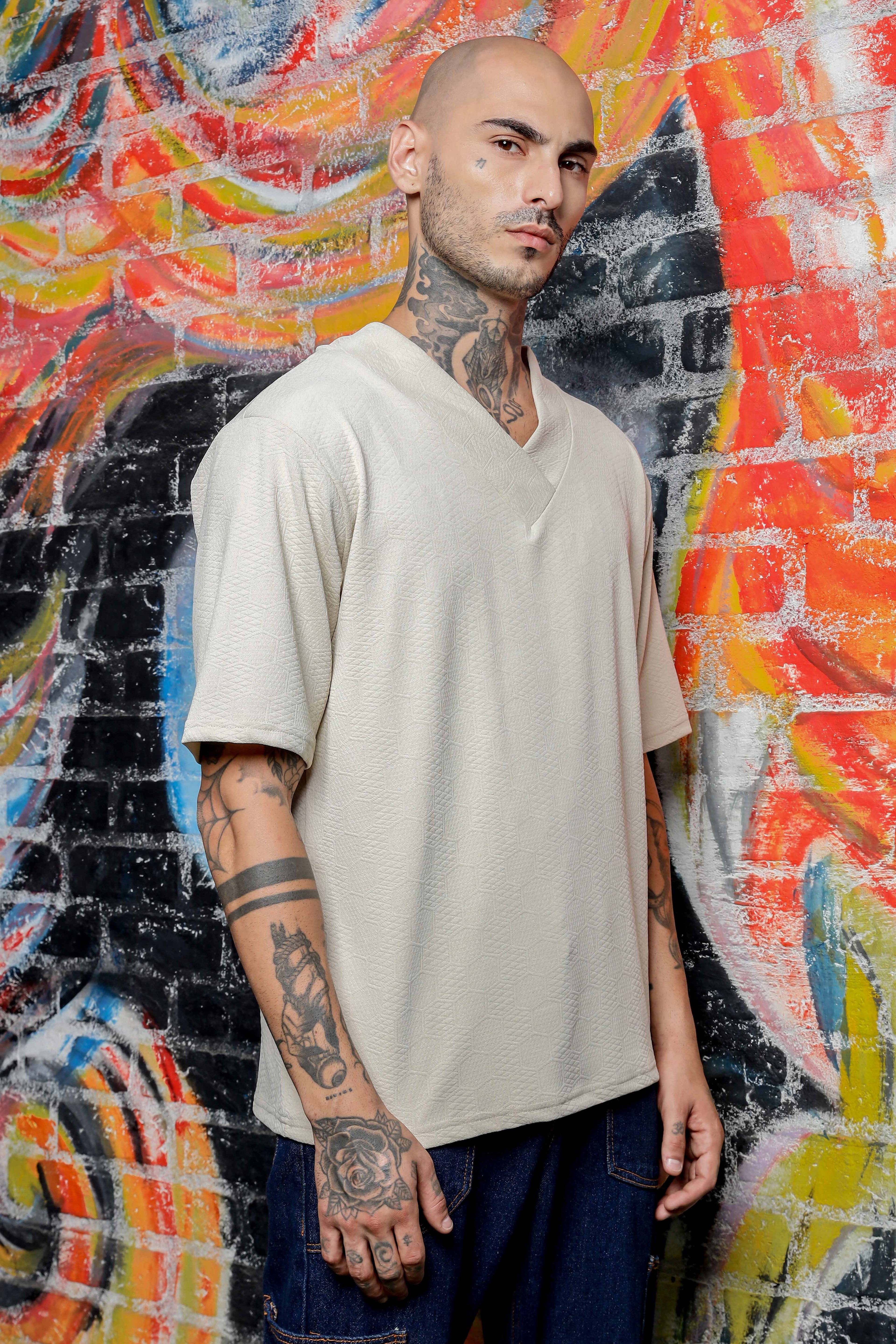 Unisex White Textured V-Neck Oversized T-shirt
