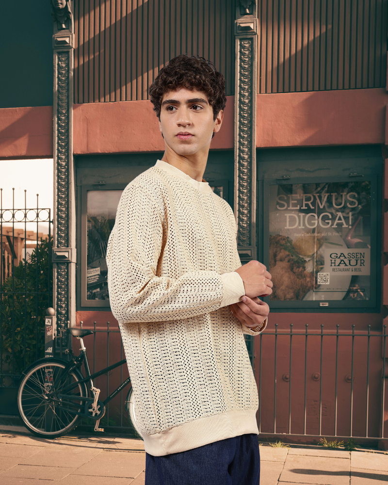 Beige Oversized Fit Premium Cotton Crochet T-Shirt