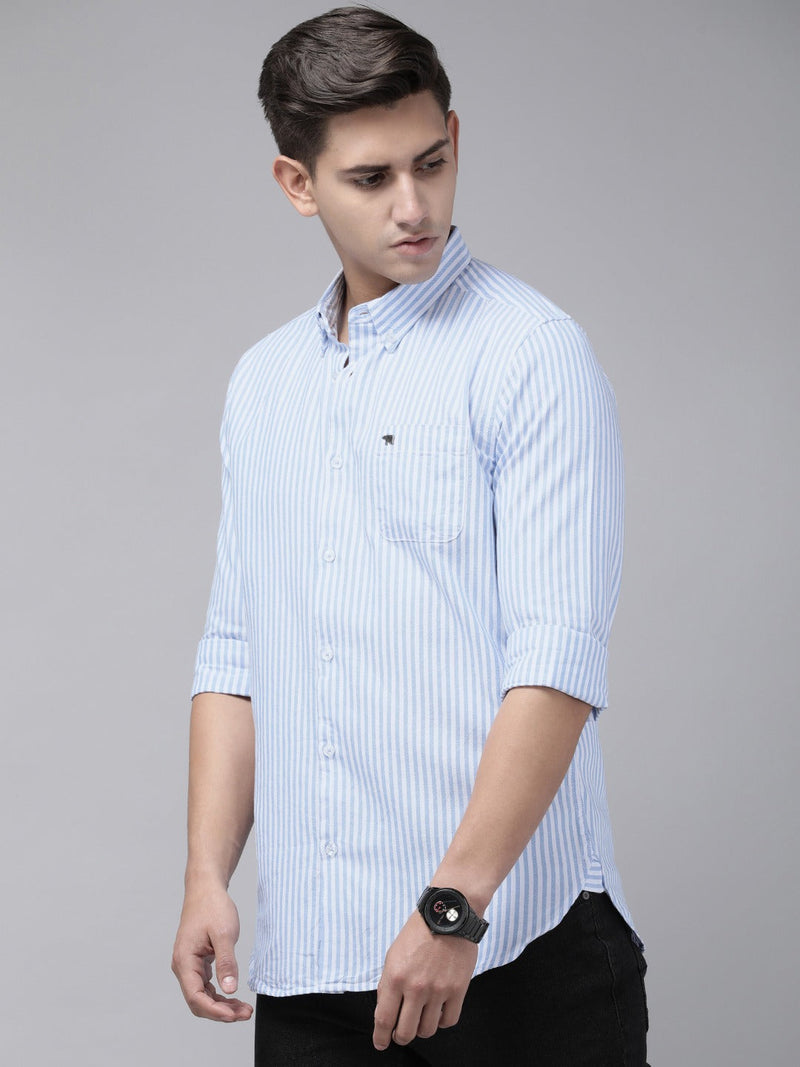 Cantos - Men Blue & White Cotton Slim Fit Striped Casual Shirt