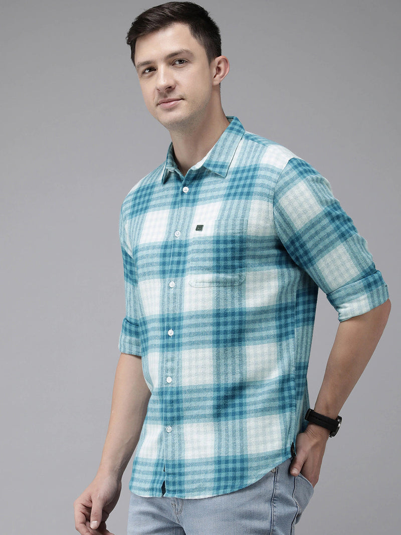 Misia - Men Blue & White Slim Fit Checked Flannel Cotton Casual Shirt