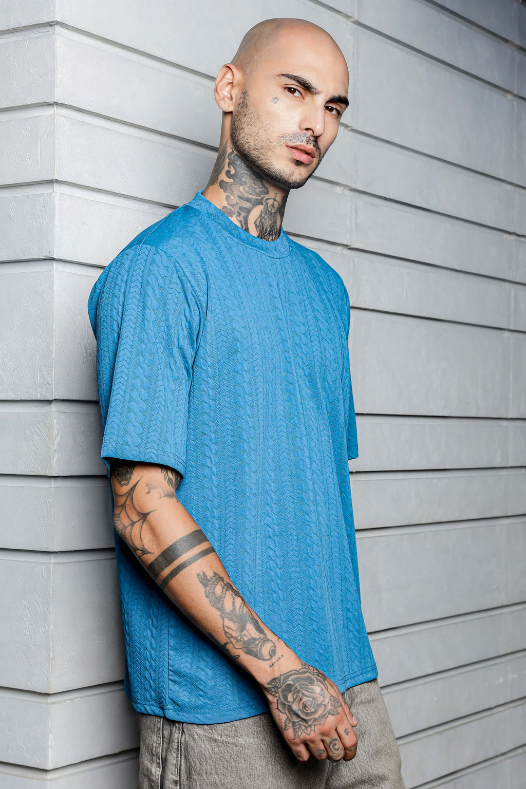 Unisex Blue Textured Round Neck Oversized T-shirt