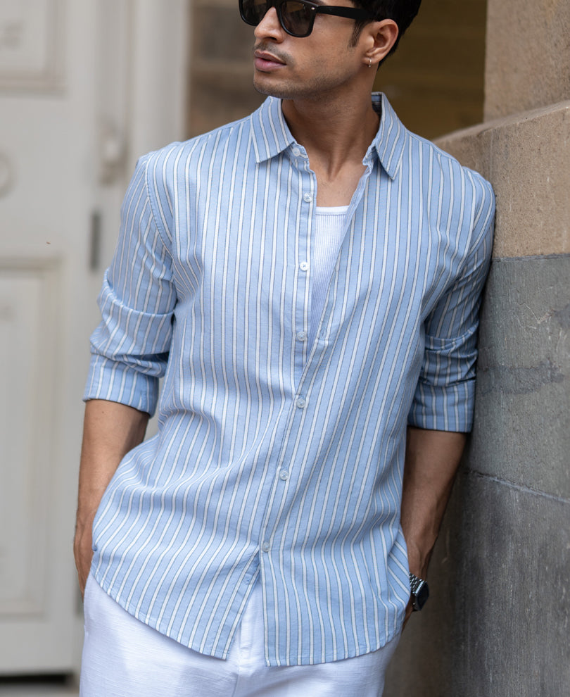 Blue Cotton Oxford Stripe Shirt