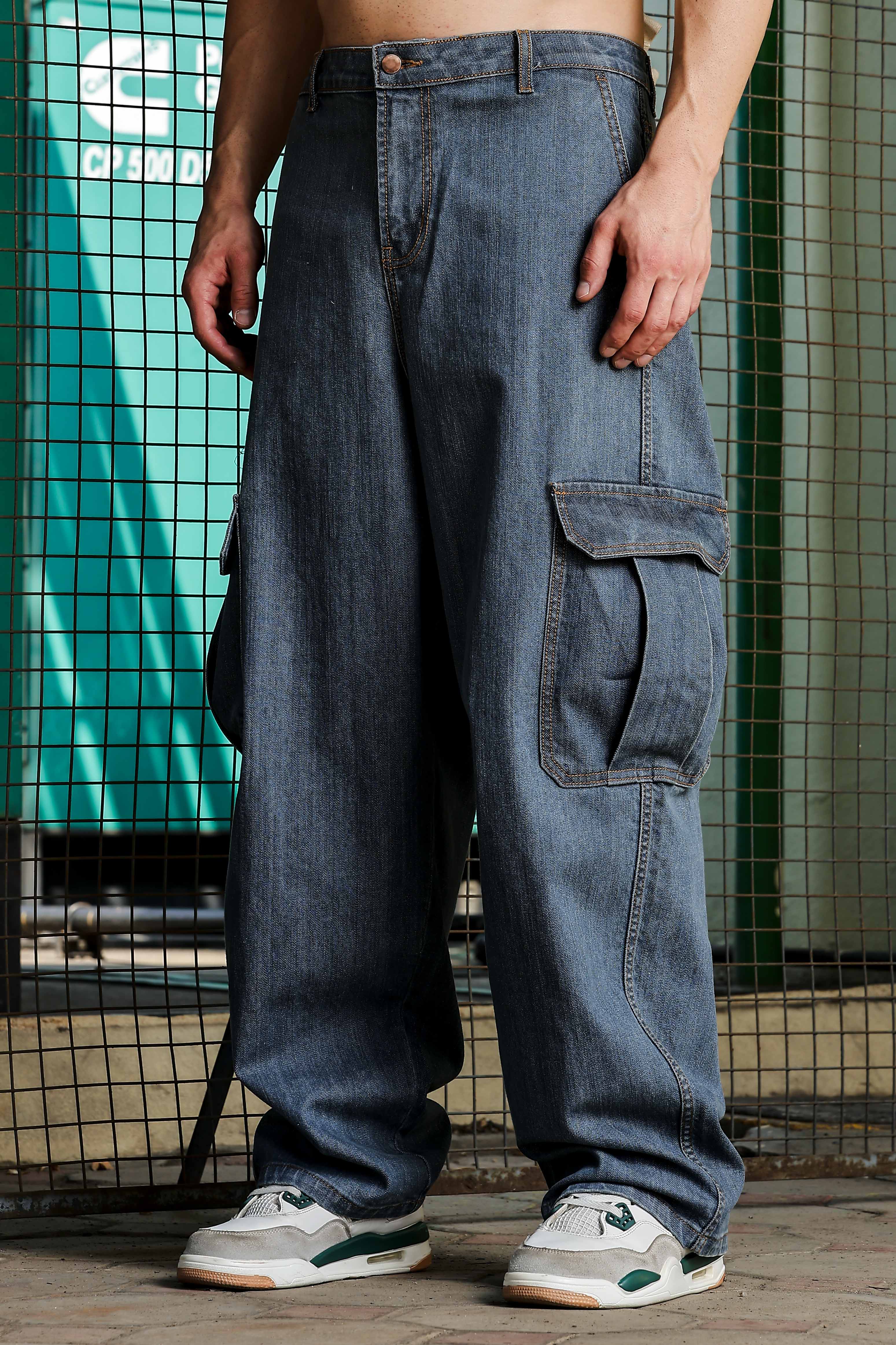 Unisex Indigo Blue Baggy Oversized Fit Denim Baggy Cargo