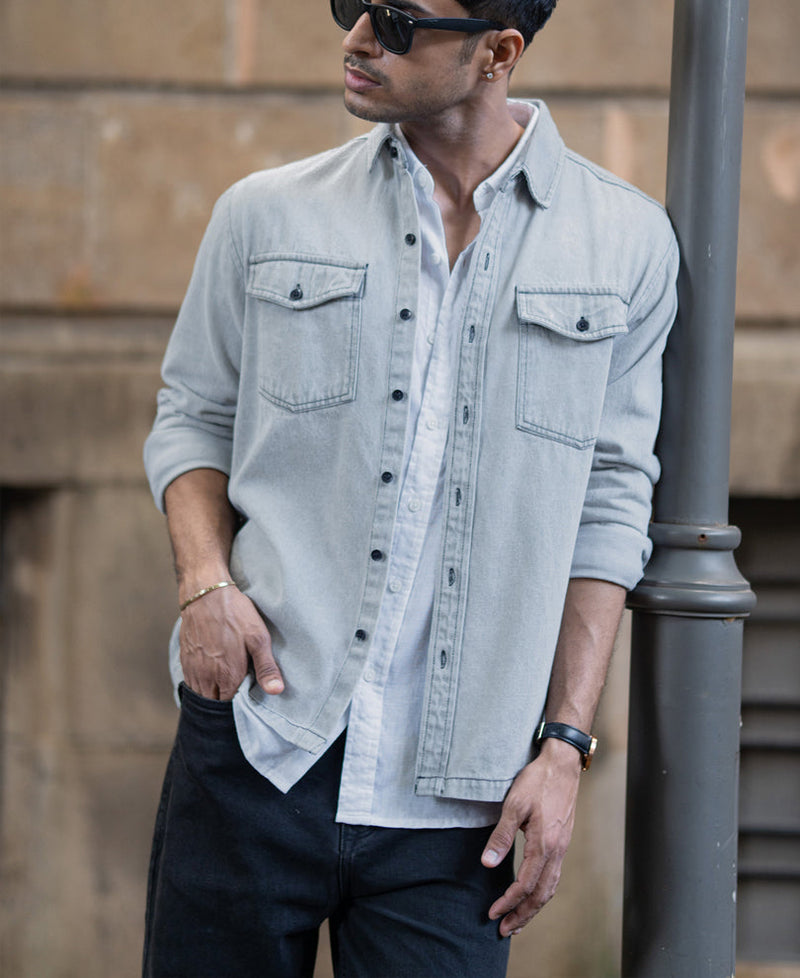 Grey Denim Shacket With Pockets