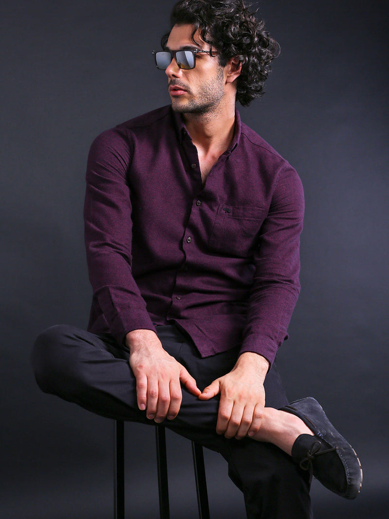 BEZOS - Men Maroon Slim Fit Solid Casual Shirt