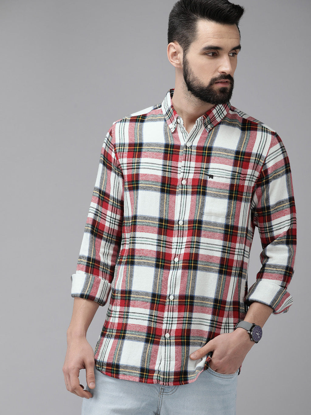 Ravelo - Men White & Red Slim Fit Checked Cotton Flannel Casual Shirt