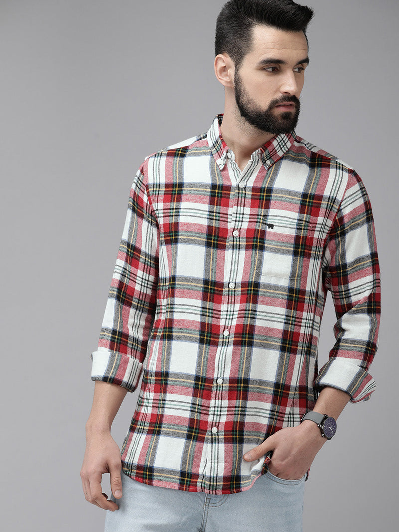 Ravelo - Men White & Red Slim Fit Checked Cotton Flannel Casual Shirt