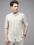 Ingo - Men Cream Striped Slim Fit Cotton Linen Casual Shirt