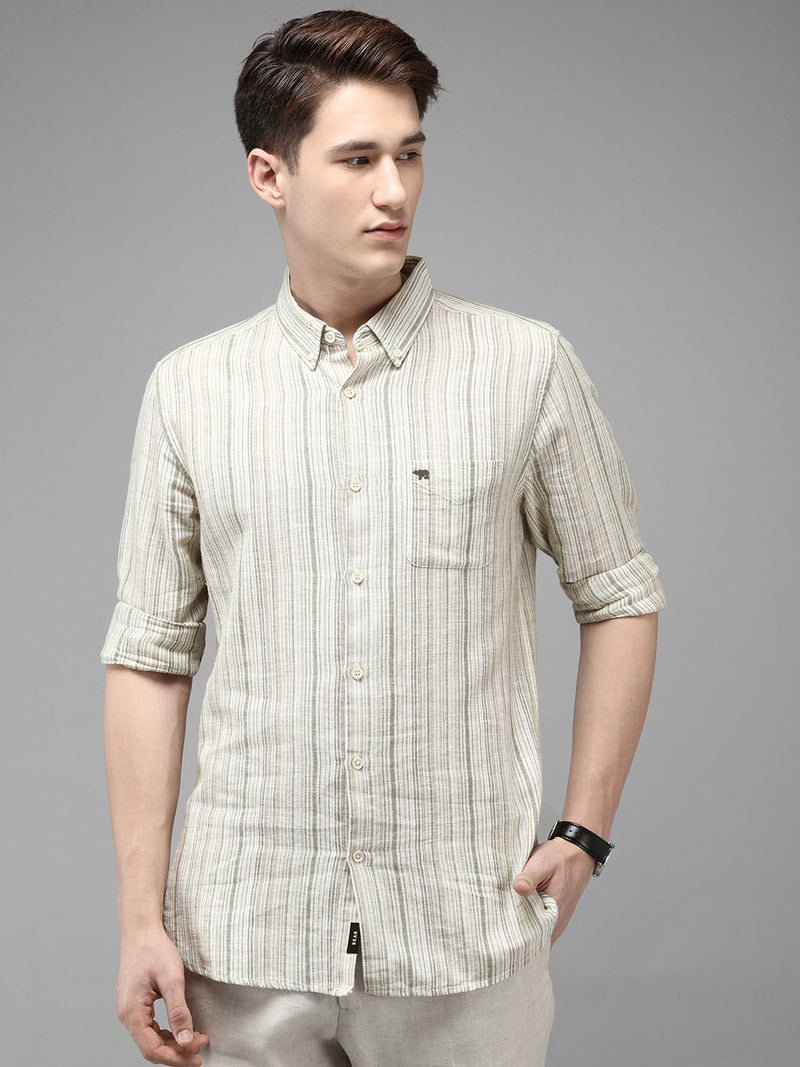 Ingo - Men Cream Striped Slim Fit Cotton Linen Casual Shirt