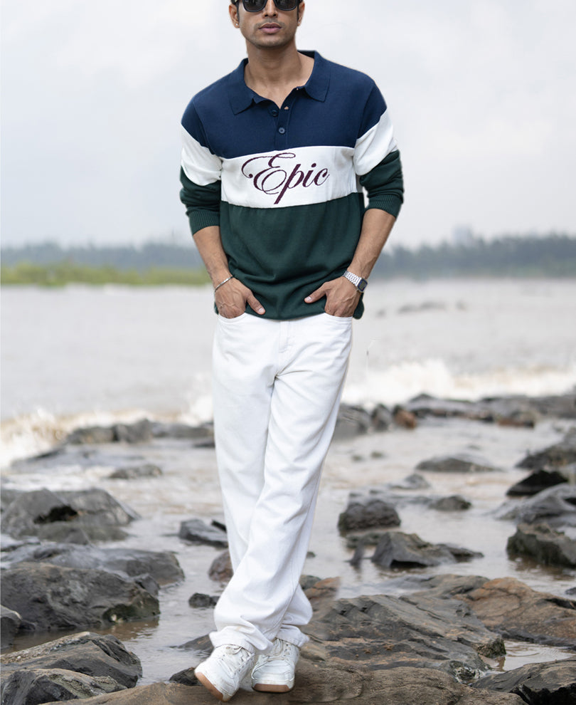 Navy And Green Panelled Polo T-Shirt