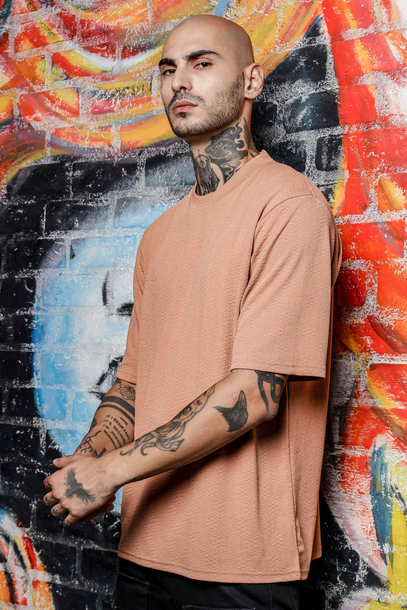 Unisex Brown Textured Round Neck Oversized T-shirt