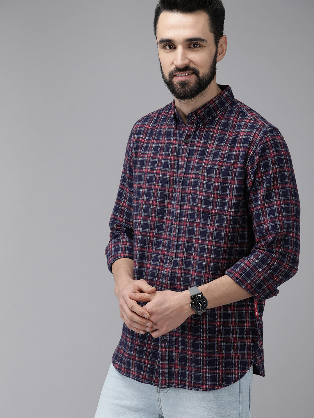 Aride - Men Navy Blue & Maroon Slim Fit Checked Flannel Cotton Casual Shirt