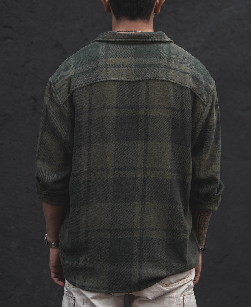 Olive Green Structured Flannel Checks Shacket Oversized Shirt