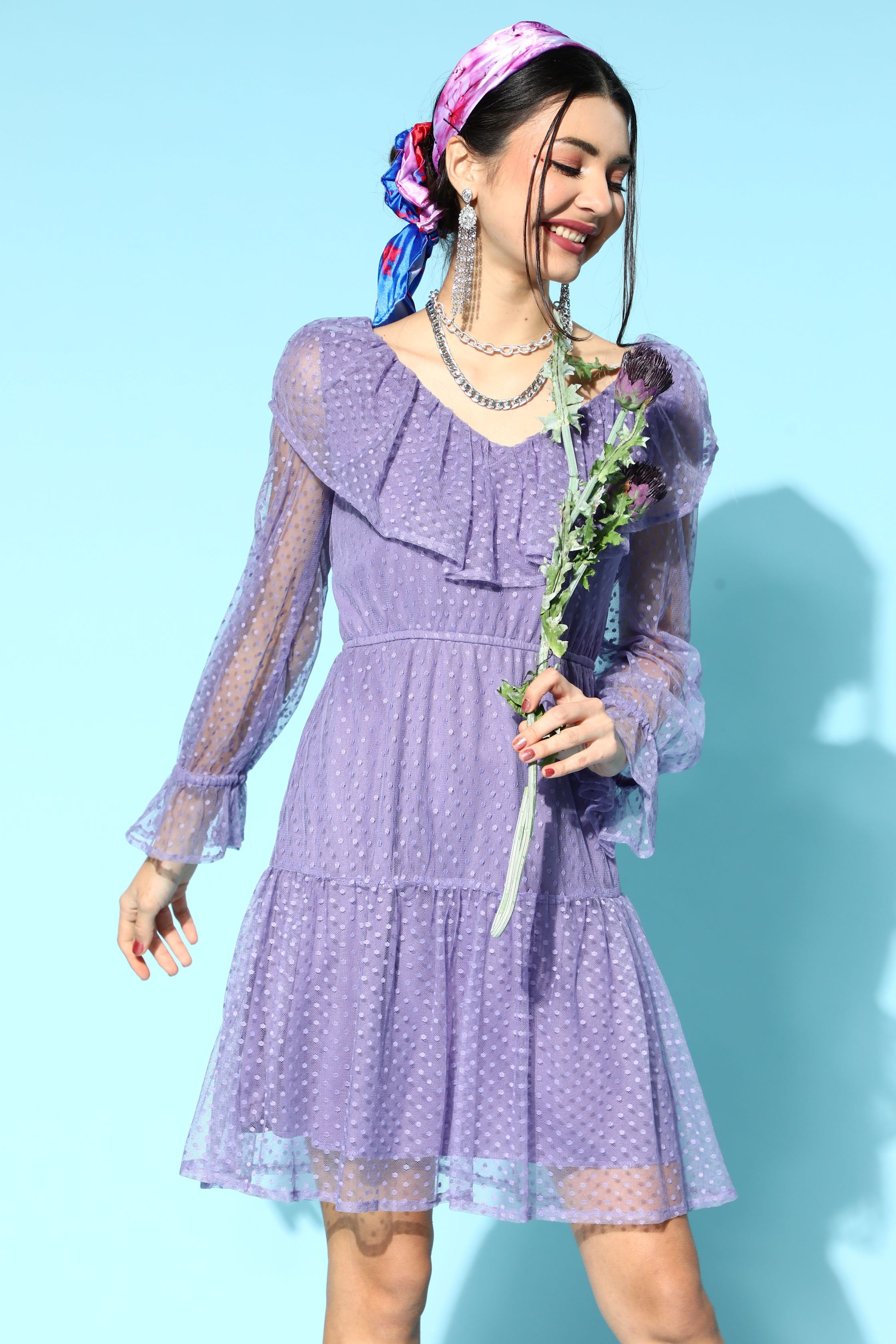 Athena Lavender Frill Tulle Dress With Full Sleeves