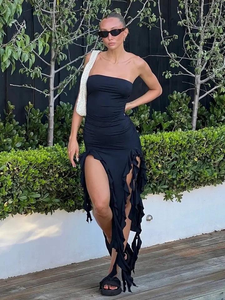 Mansey Ruffled Maxi Bodycon Dress - Black