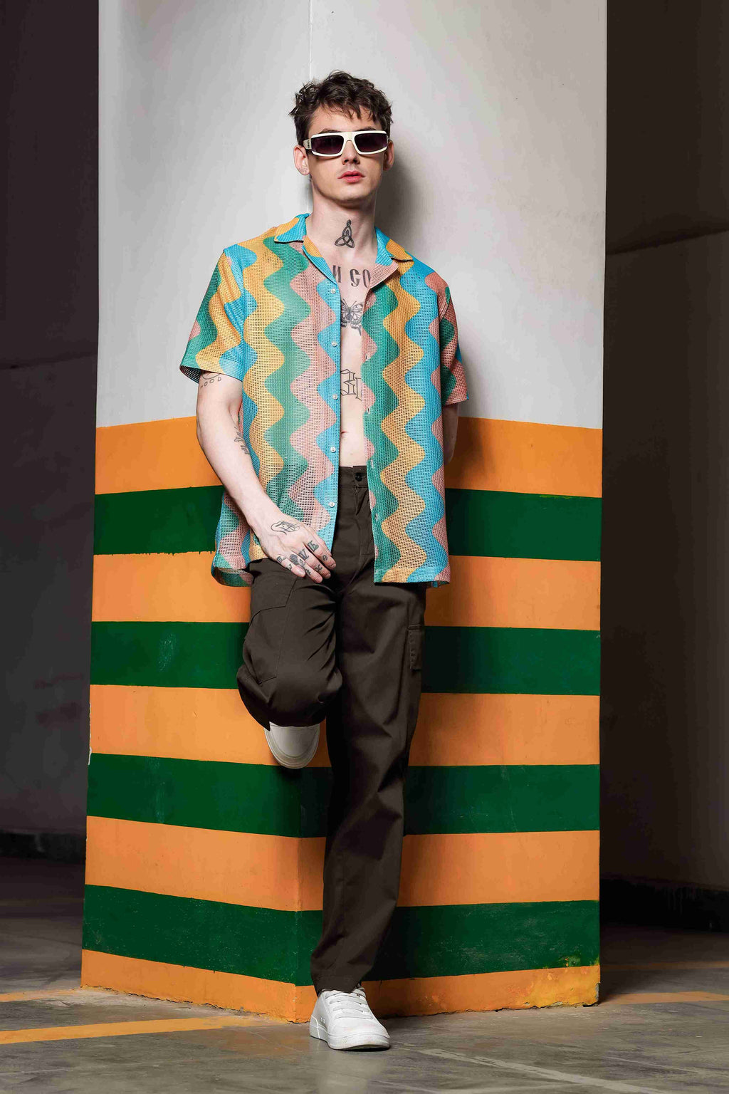 Relaxed Fit Semi Sheer Crochet-Look Resort Shirt