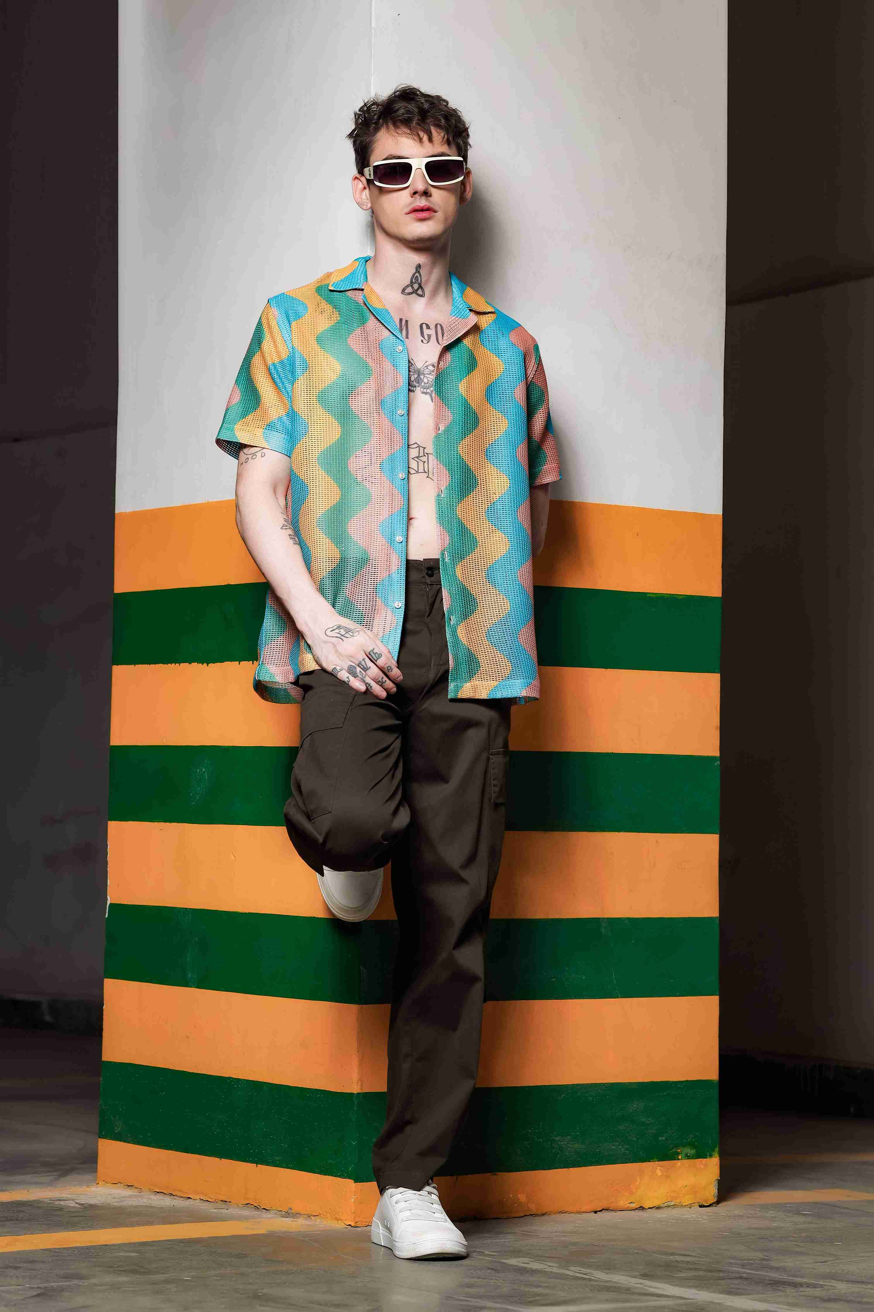Relaxed Fit Semi Sheer Crochet-Look Resort Shirt