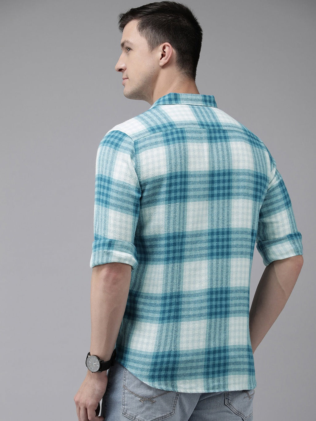 Misia - Men Blue & White Slim Fit Checked Flannel Cotton Casual Shirt