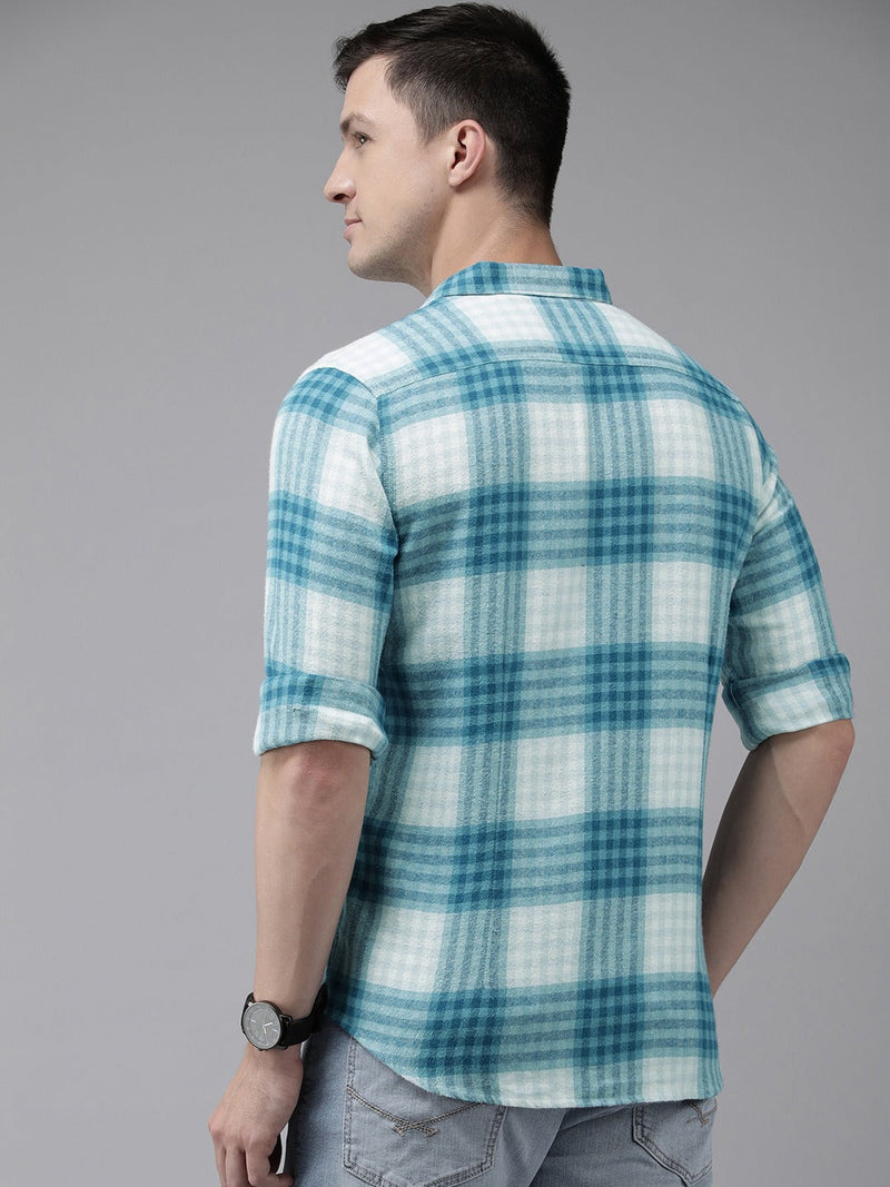 Misia - Men Blue & White Slim Fit Checked Flannel Cotton Casual Shirt