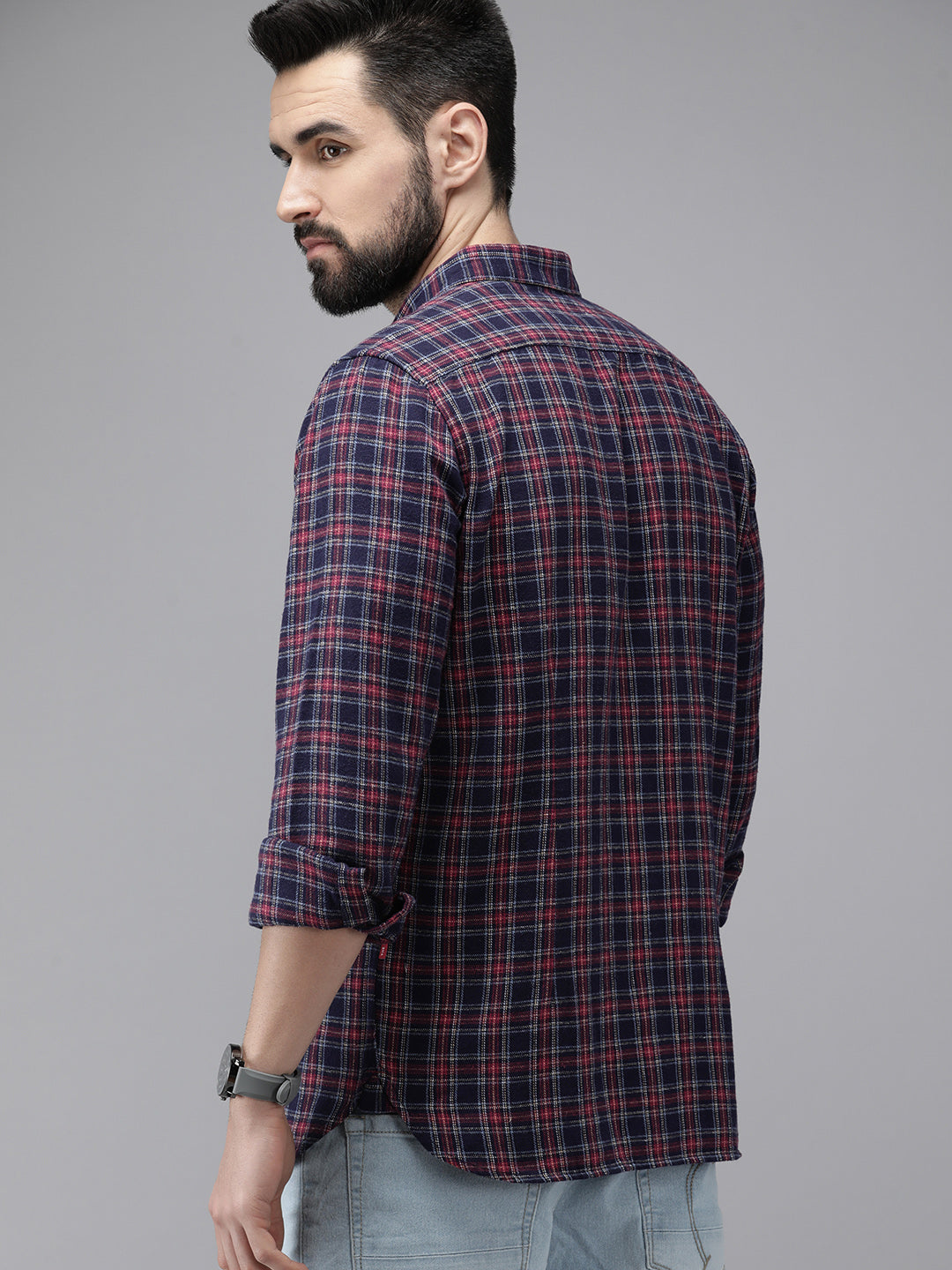 Aride - Men Navy Blue & Maroon Slim Fit Checked Flannel Cotton Casual Shirt