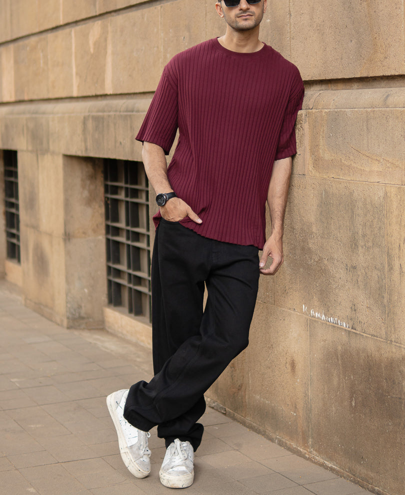 Wine Rib Knit T-Shirt