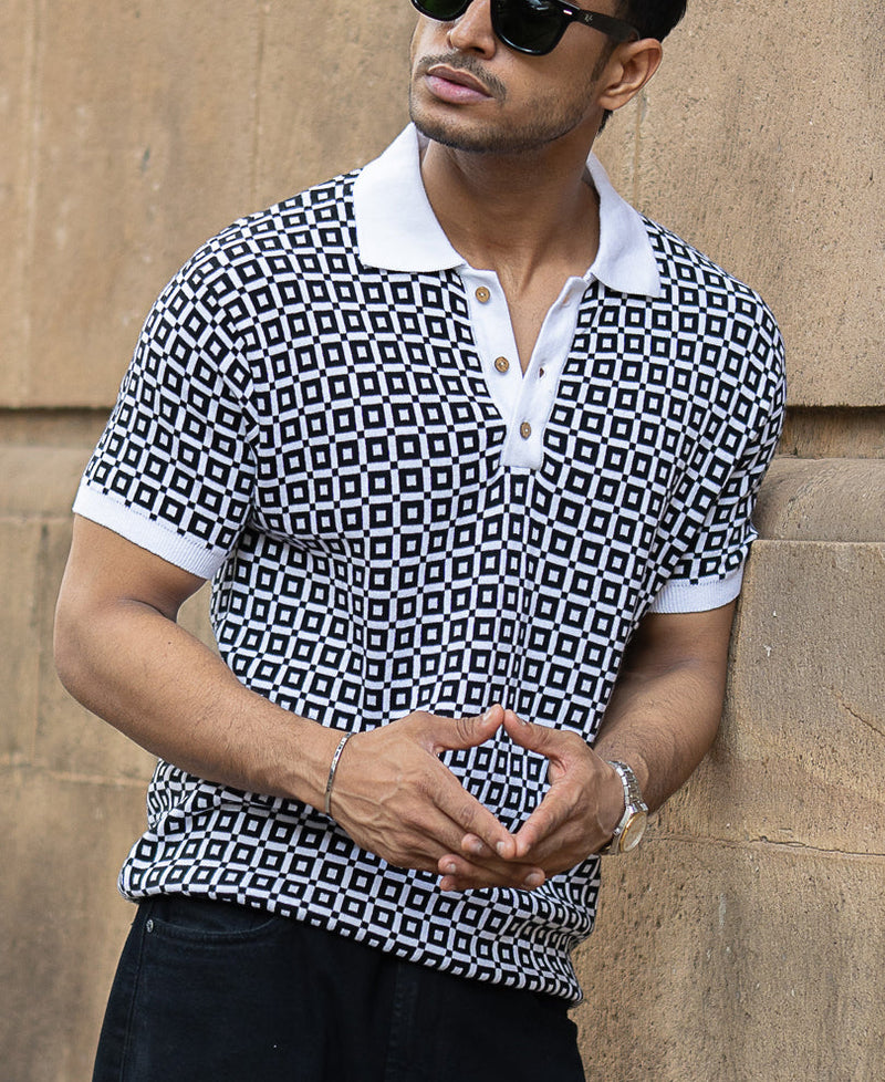 Black Jacquard Contrast Collar T-Shirt