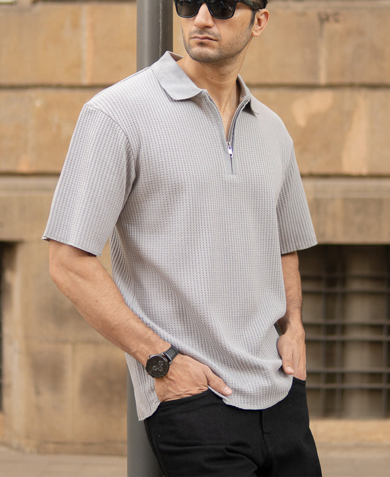 Grey Structured Zipper Polo T-Shirt