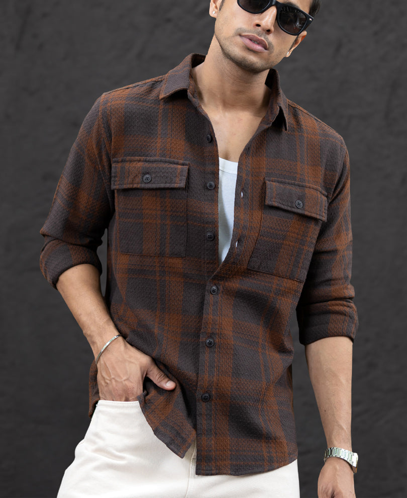 Dark Brown Structured Checks Shirt