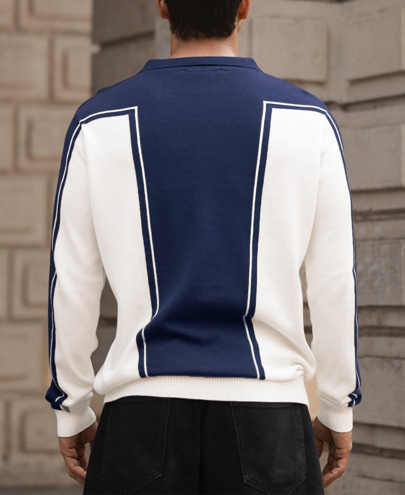 Navy-White Colour Blocked Polo T-Shirt