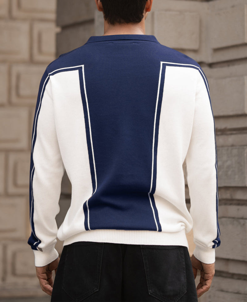 Navy-White Colour Blocked Polo T-Shirt