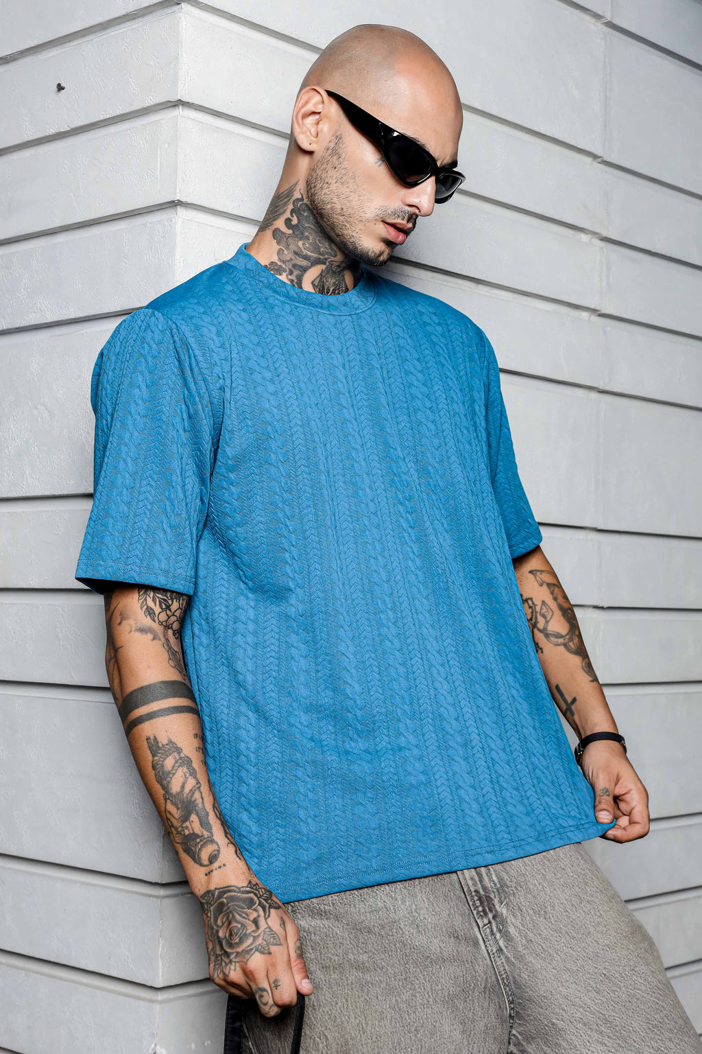 Unisex Blue Textured Round Neck Oversized T-shirt