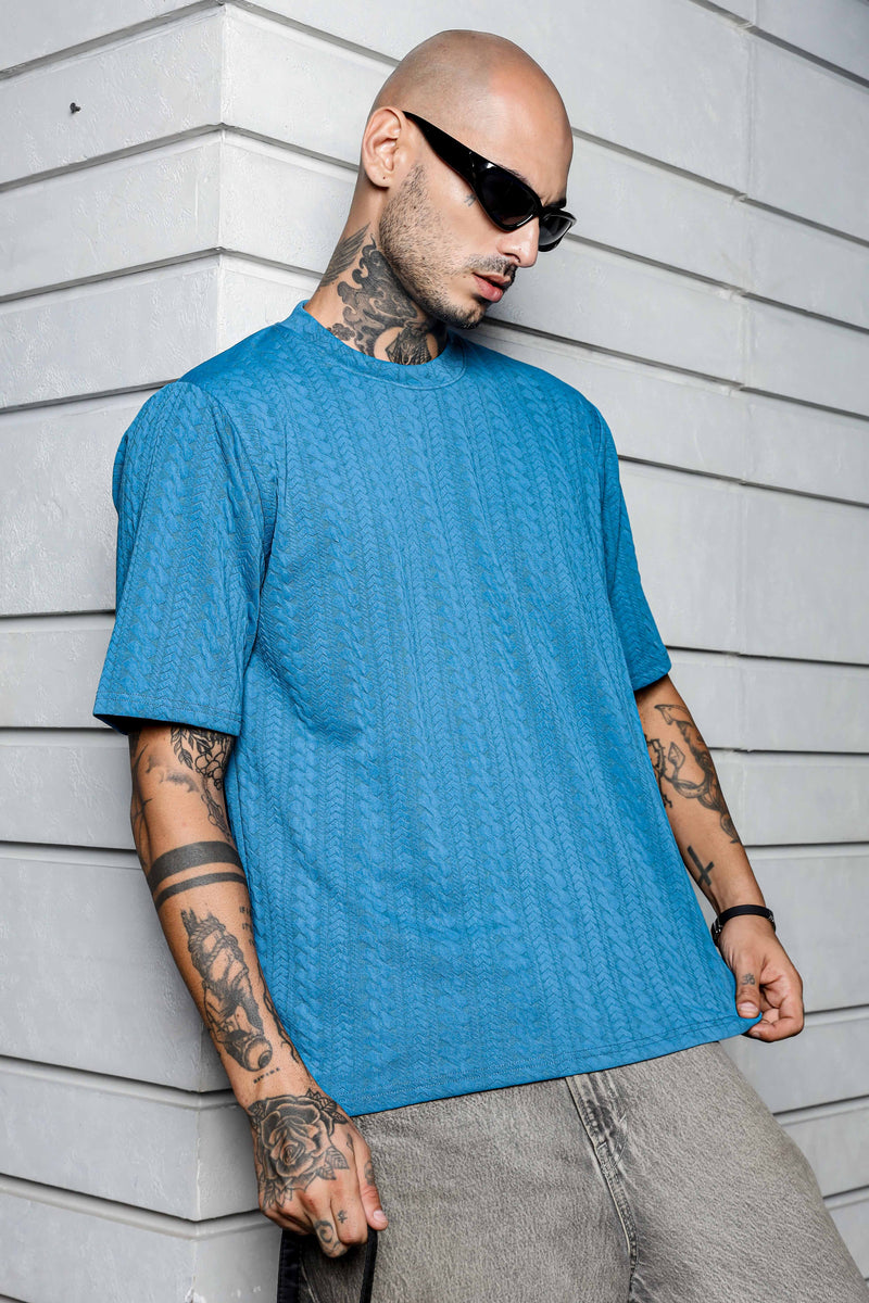 Unisex Blue Textured Round Neck Oversized T-shirt