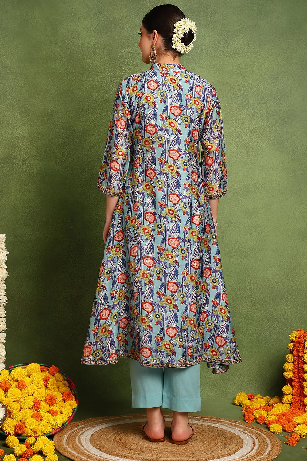 Blue Hand Block Printed Chanderi Silk Angrakha Kurta