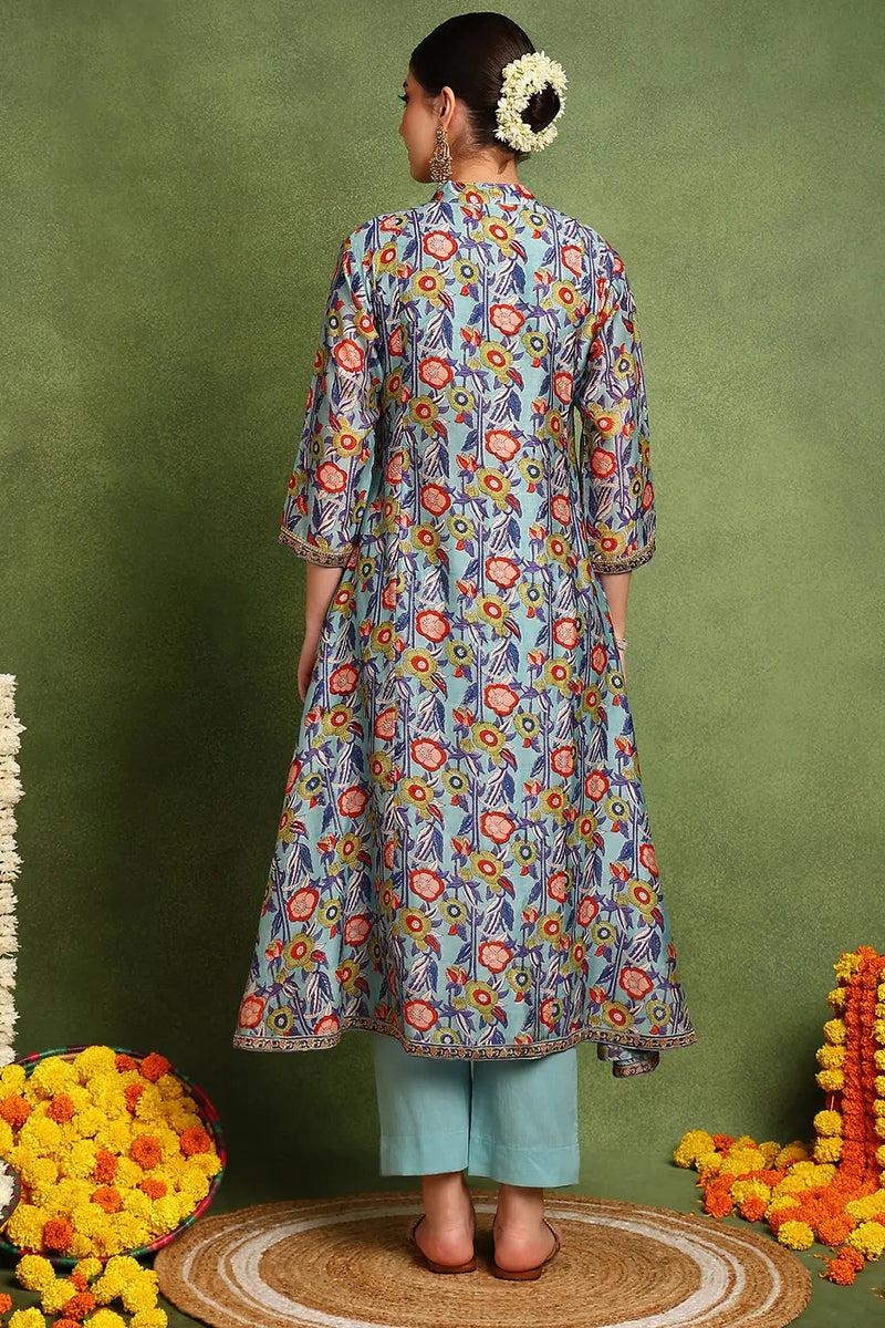 Blue Hand Block Printed Chanderi Silk Angrakha Kurta