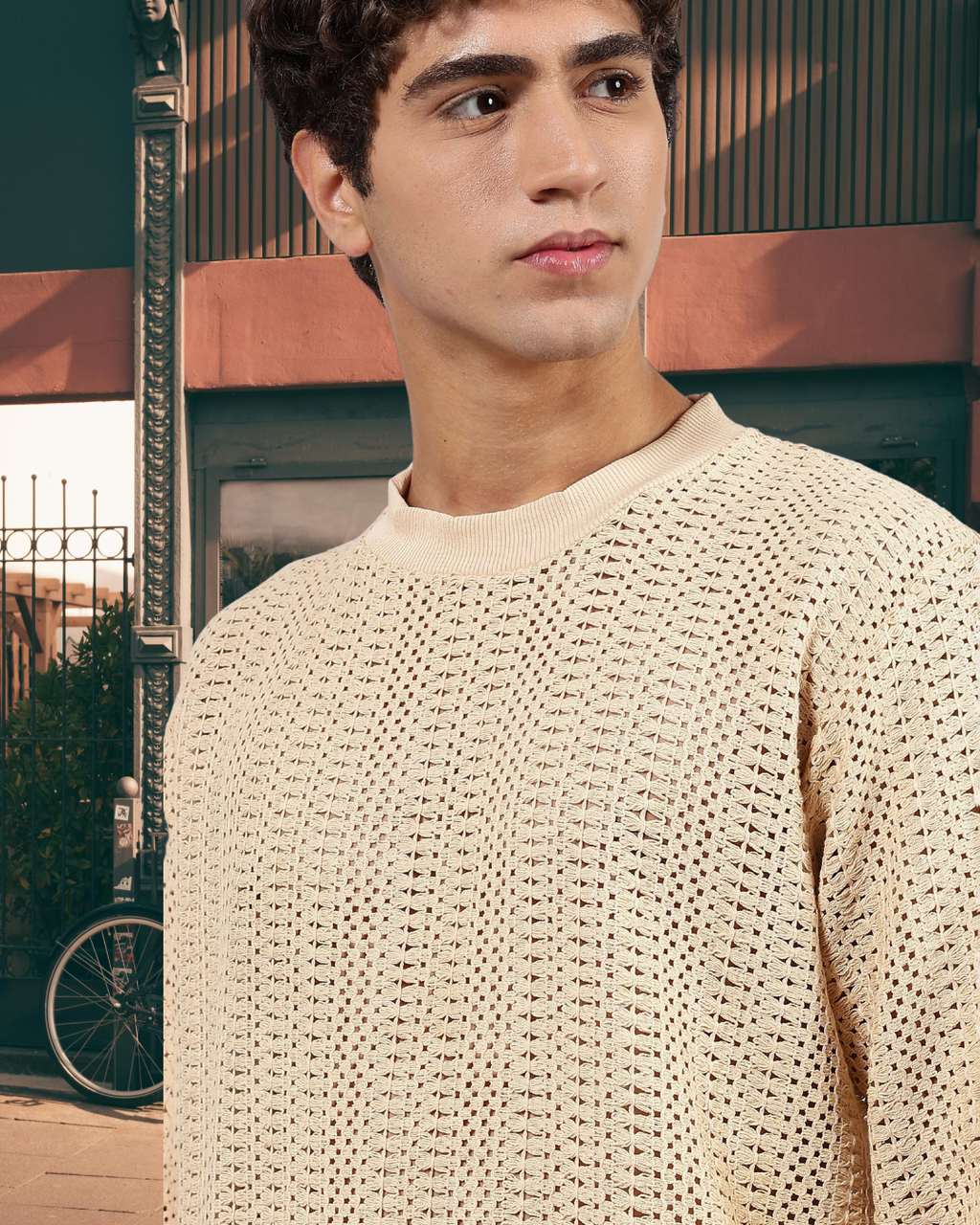 Beige Oversized Fit Premium Cotton Crochet T-Shirt