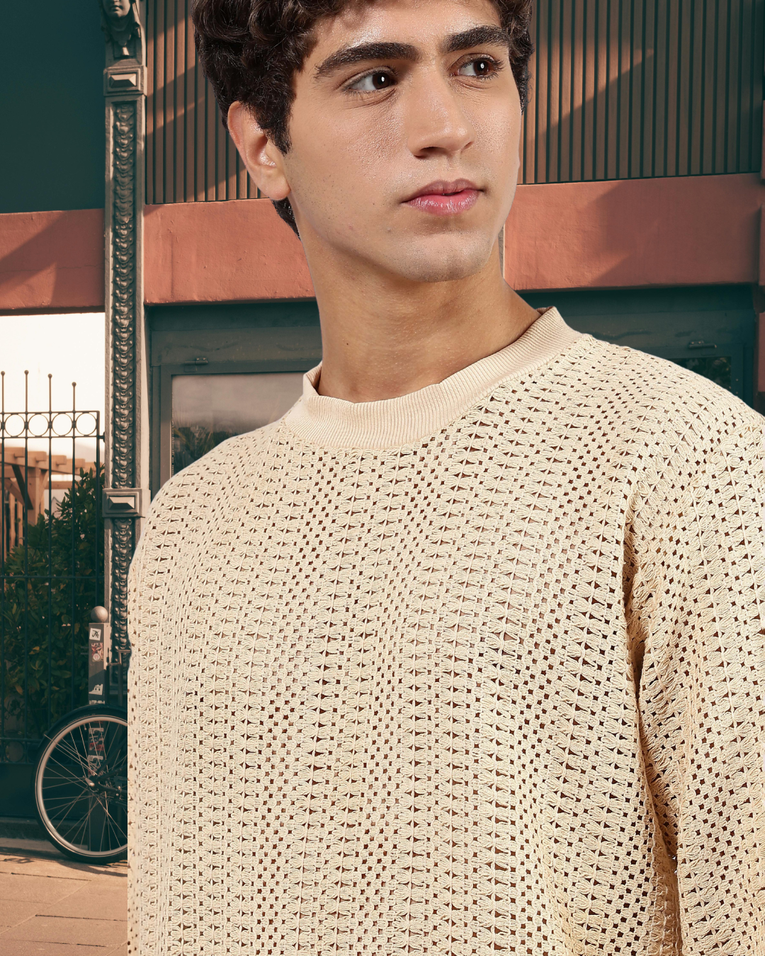Beige Oversized Fit Premium Cotton Crochet T-Shirt